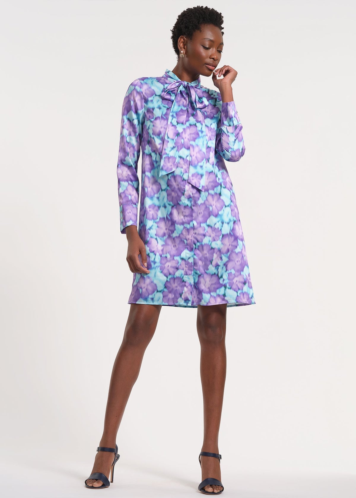 Long Sleeve Tie Neck Mini Dress