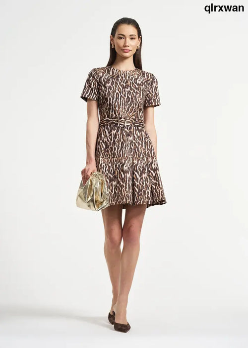 Belted Pleated Short Dress - Leopard / 2 - Clothing