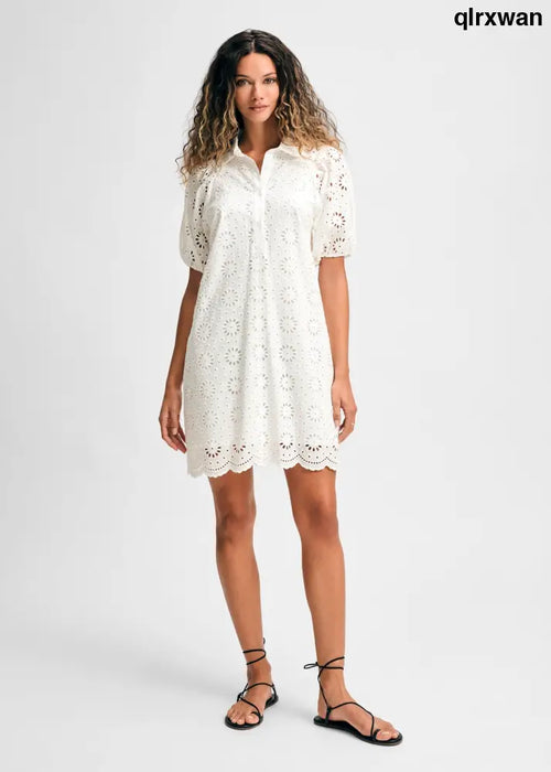 Eyelet Short Puff Sleeve Shirt Dress - White / XS