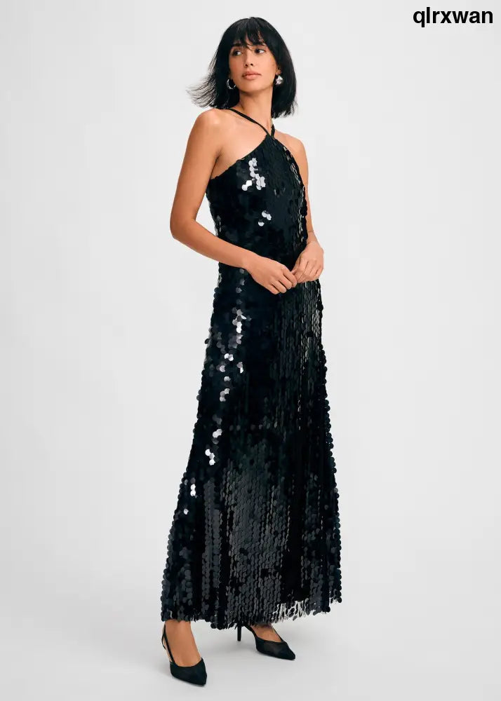 Paillette Halter Maxi Dress - BLACK / XS - Clothing