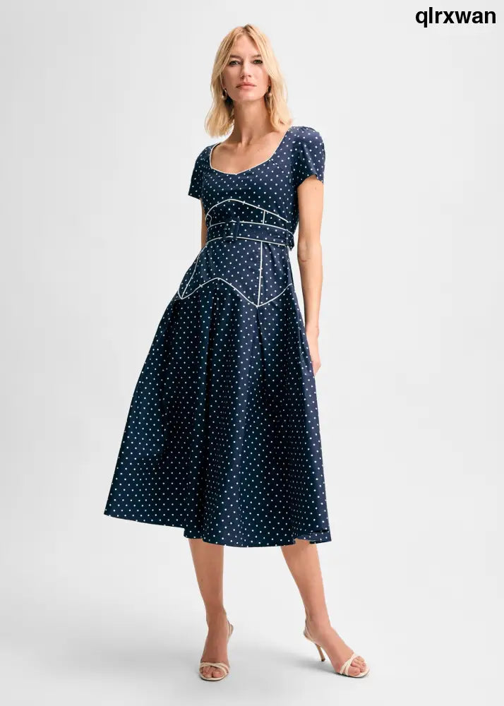 Pleated Detail Belted Short Sleeve Midi Dress - Navy/White Dot / XS