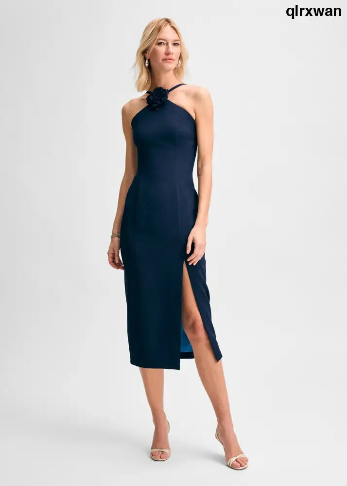 Rosette Pencil Dress - Navy / XS